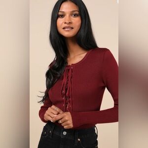 Lulus Burgundy Lace-Up Rib Knit Top Womens S Lace Front Long Sleeve Chic Maroon